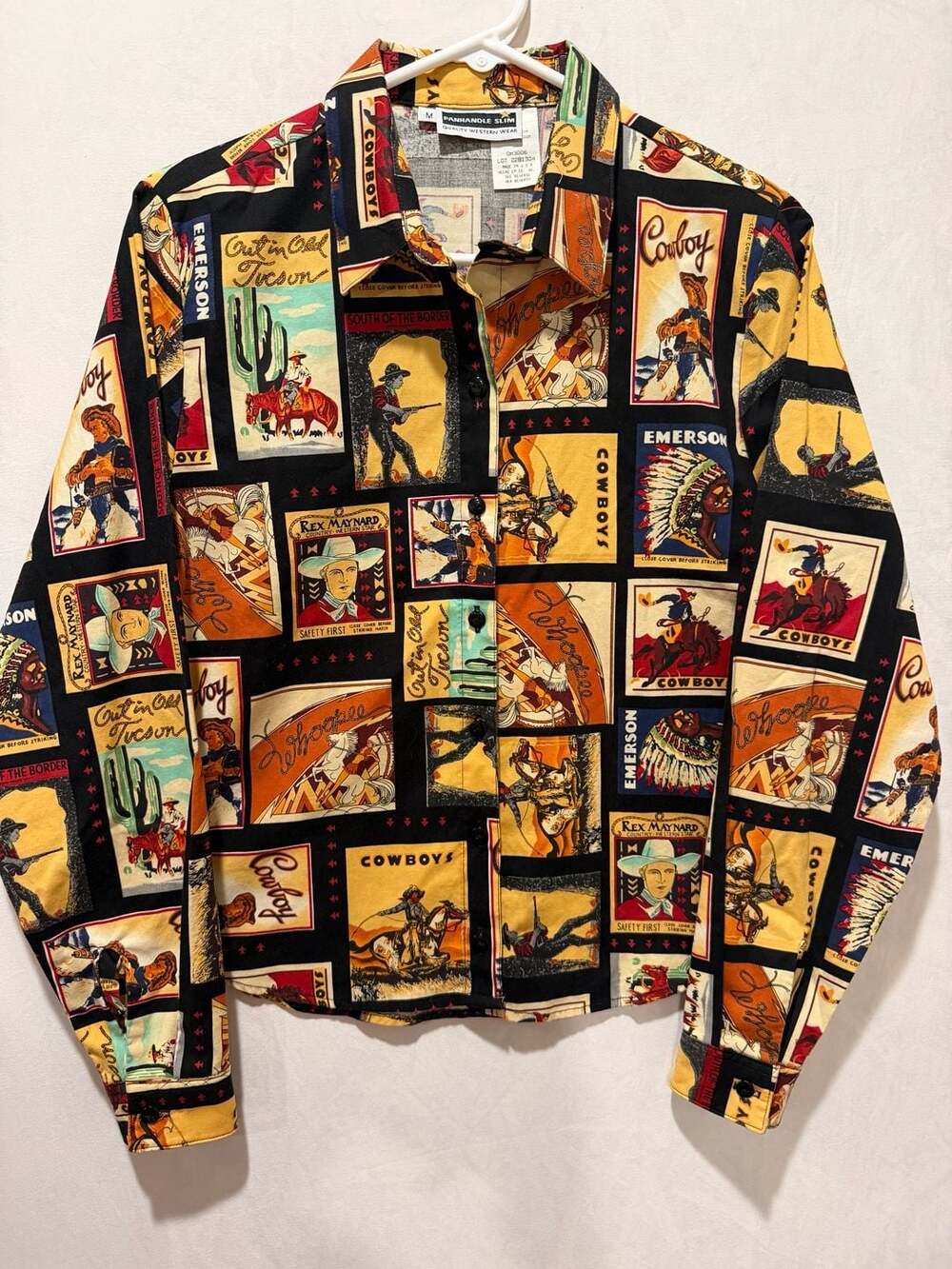 Vintage Panhandle Slim Cowboy Stamp Collage Western Shirt Size M